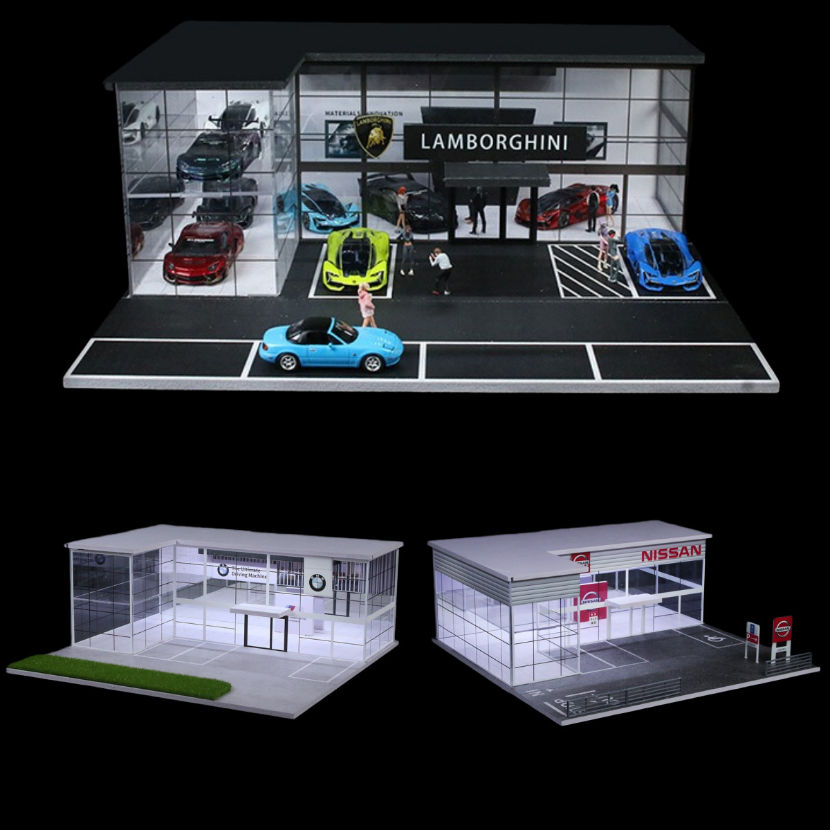 Diorama 1/64 Diecast Car Parking Lot Showroom Model LED Street Building Scene US