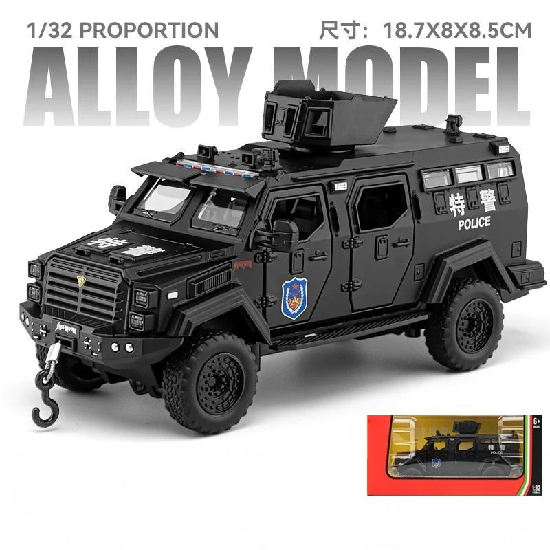 1:32 Police Armored Off-Road Diecast Car Model – Alloy Military Truck w/ Light