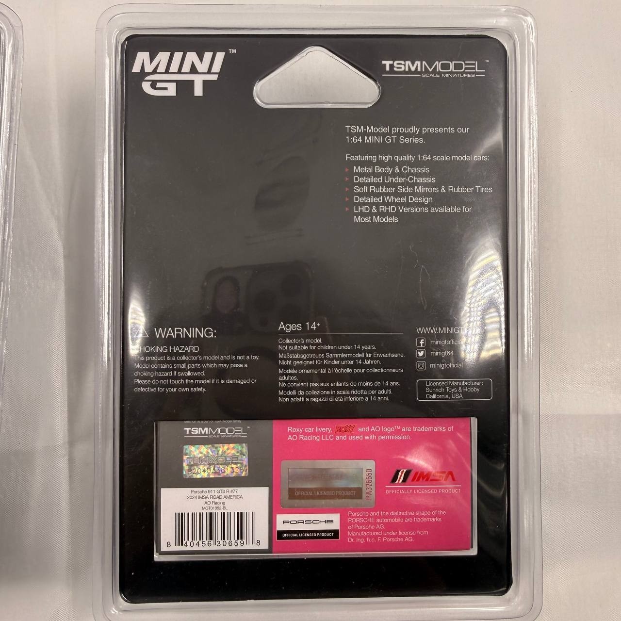 Two MINI GT Porsche 911 GT3 R White Carbon Package AO Racing Rexy Pink 1/64
