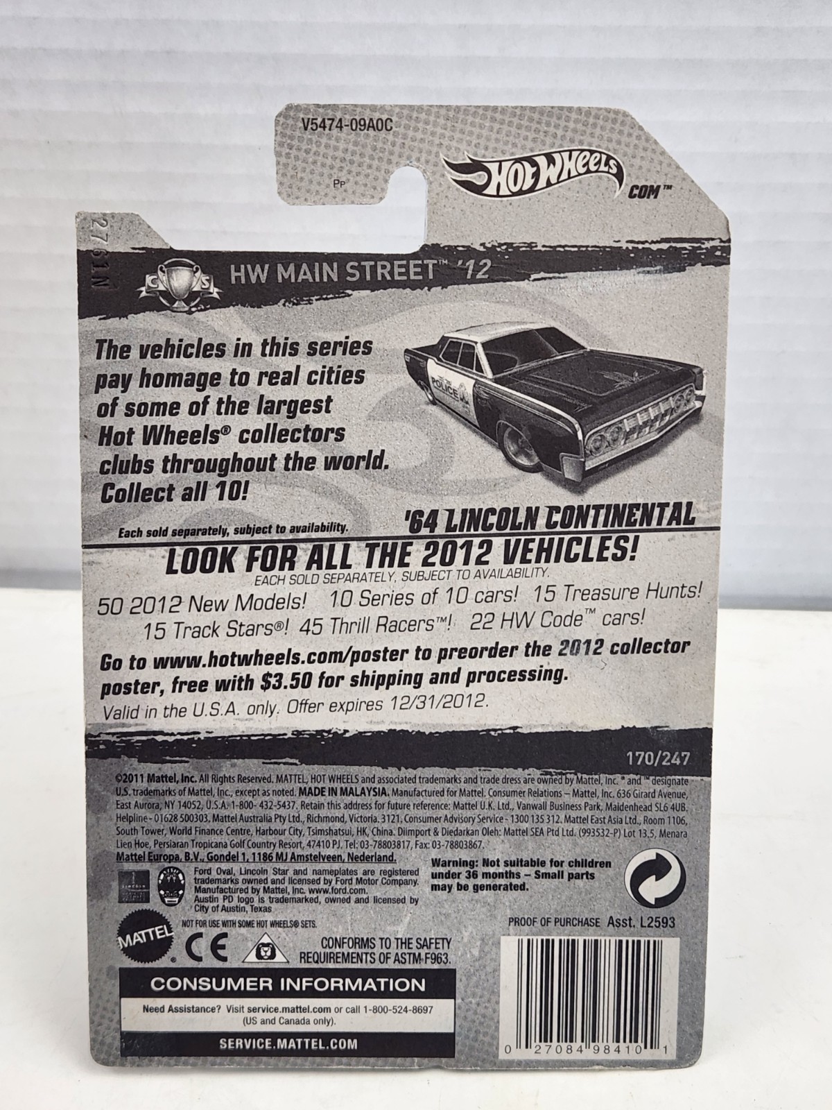 Hot Wheels ’64 Lincoln Continental Police #170/247 HW Main Street ’12 #10/10