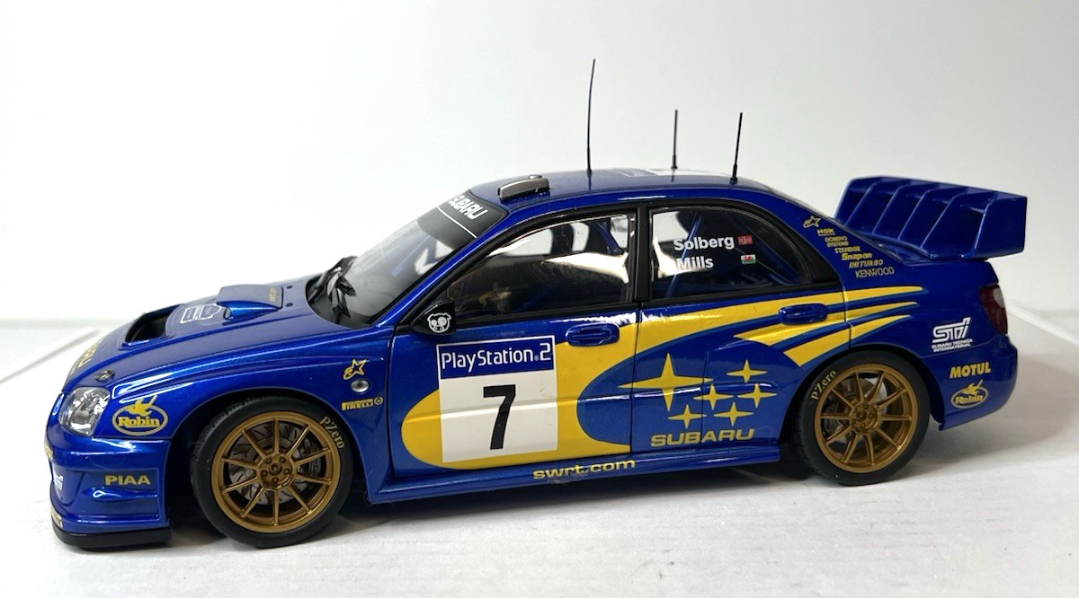 AutoArt Subaru Impreza WRX 1/18 Diecast Rally Car #7 Solberg Mills Case Display