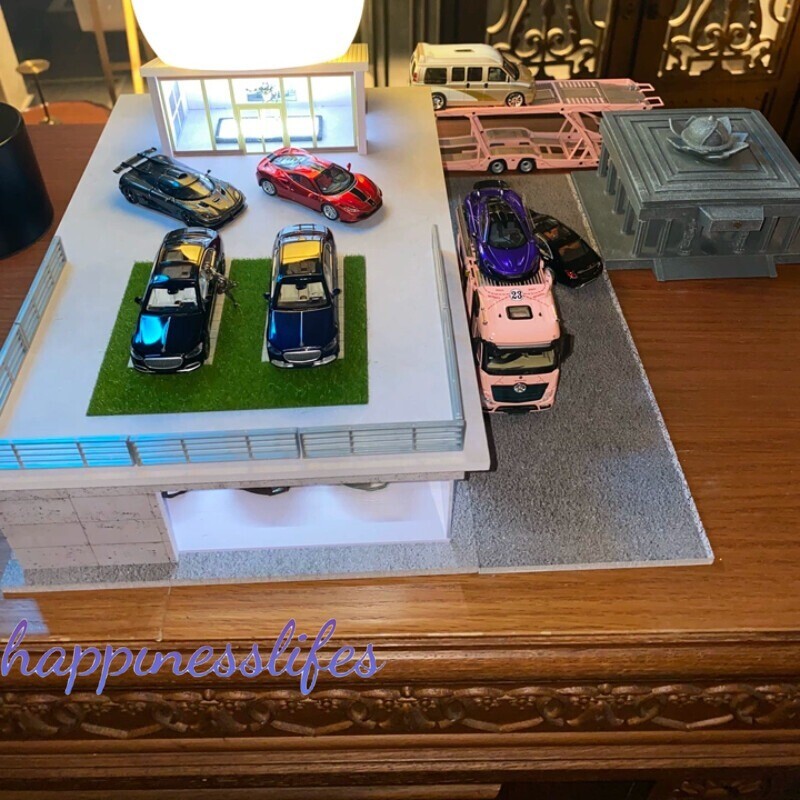 Diorama 1/64 Car Garage Model LED Sunroom Building Parking Lot Scene Model Gift