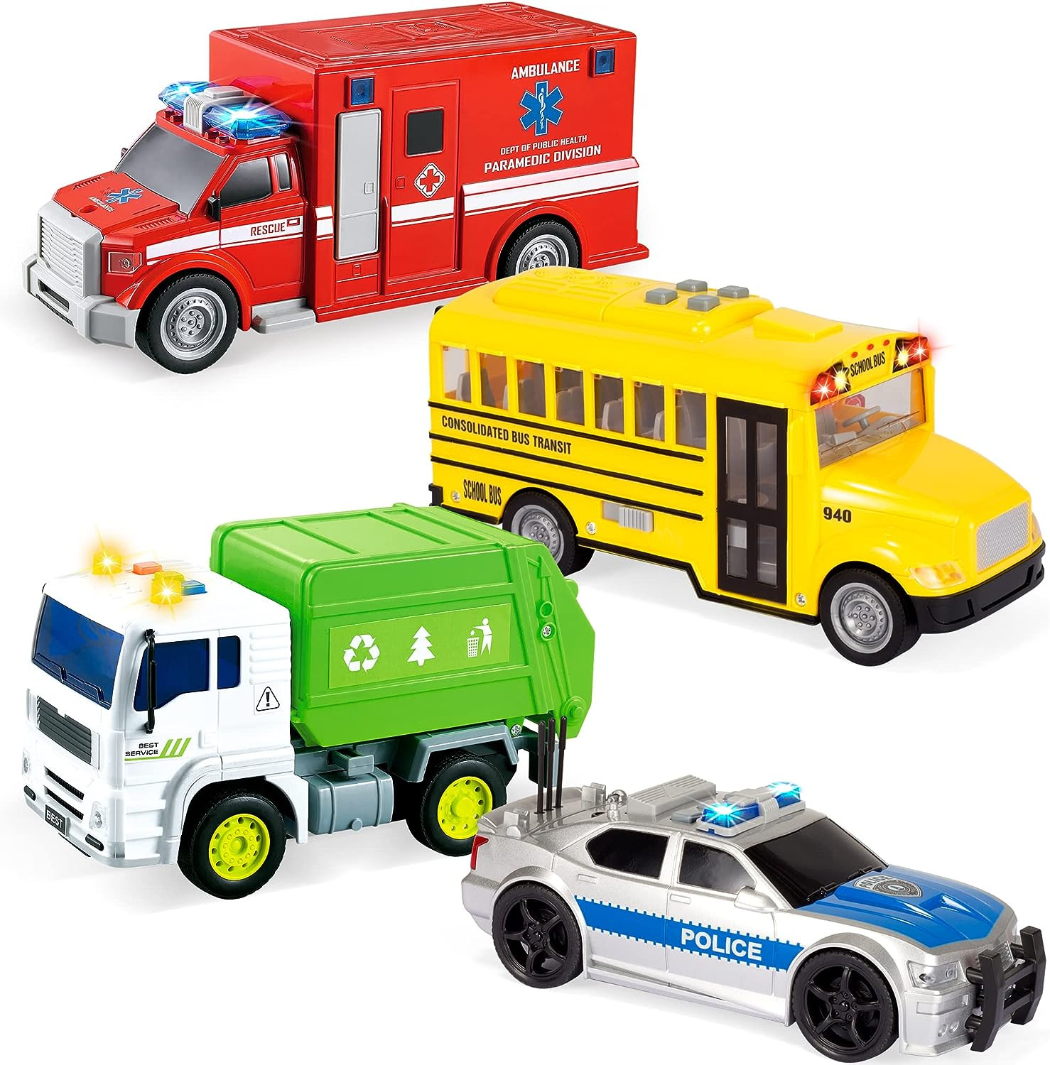 4 Pcs 7″ Vehicle Toy Set Lights Siren Police Car Bus Garbage Truck Ages 3-5 Boys