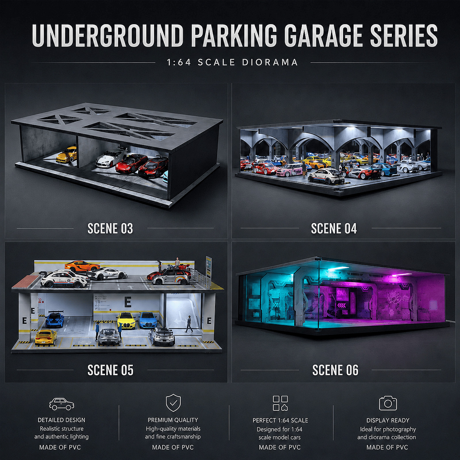 1/64 Diorama Garage Model With LED Parking Lot Display Case For Hot Wheels US