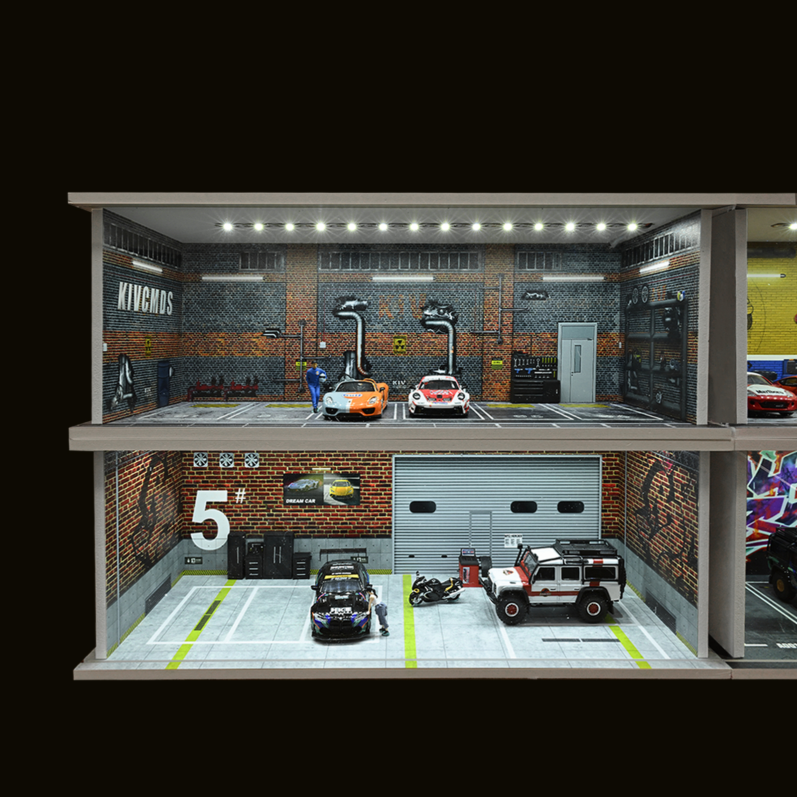 1/64 Diorama Die-cast Car Garage Model LED Lighting City Parking Lot Scene Model