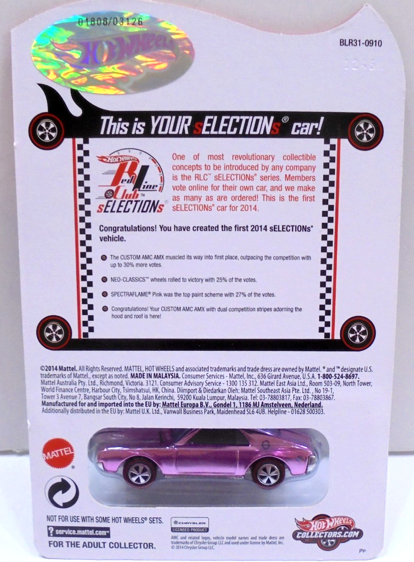 Hot Wheels Red Line Club 2014 Custom AMC AMX Pink Limited Edition 1808-3126