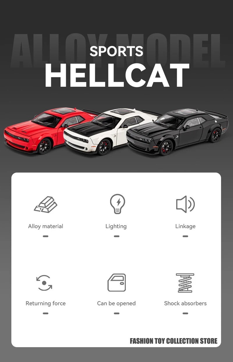1:24 Dodge Challenger Hellcat Alloy Diecast Toy Car Model Sound Light Pull Back