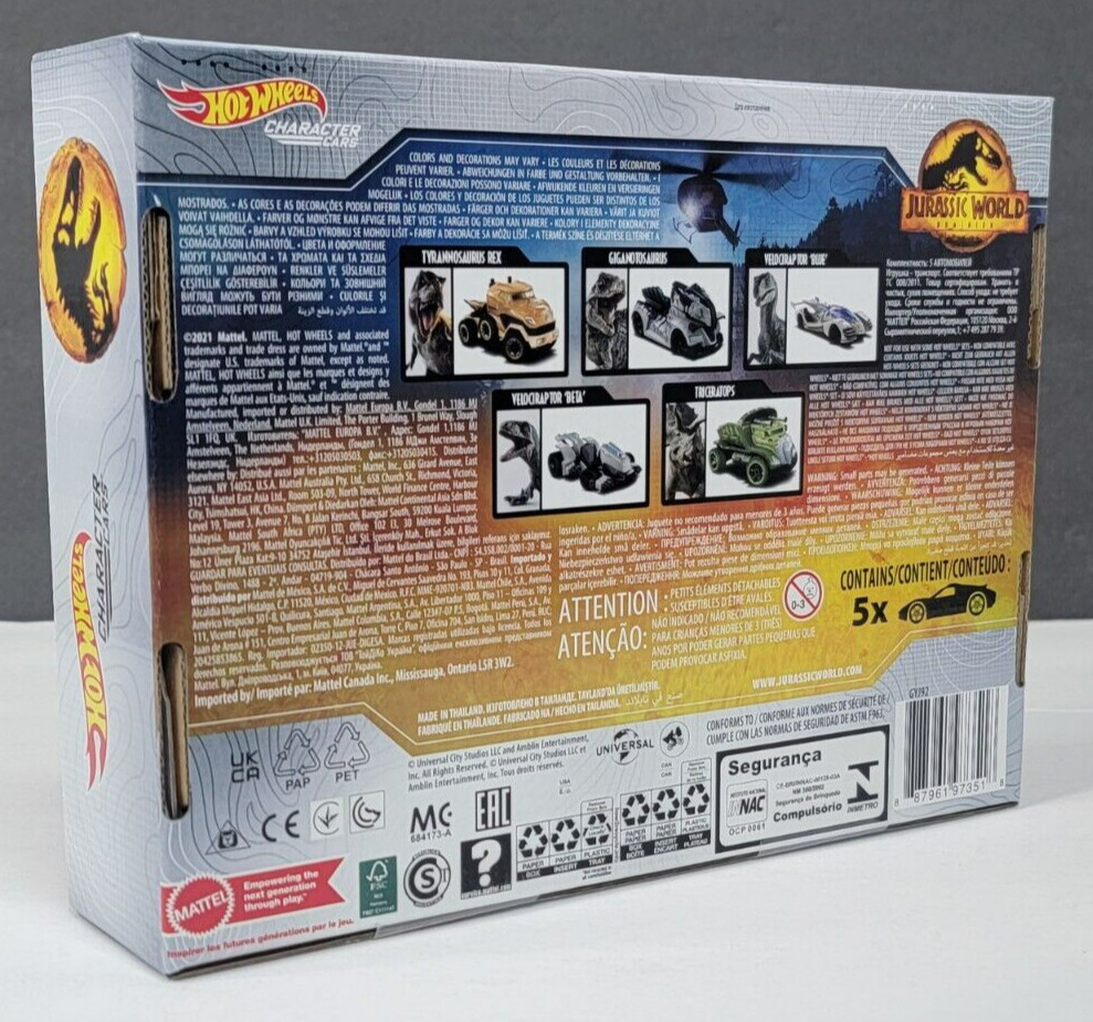 Hot Wheels Character Cars JURASSIC WORLD DOMINION 5pk Vehicles