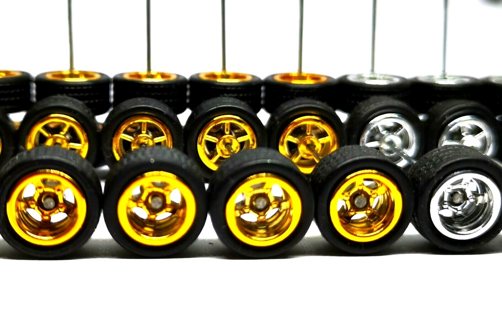 Hot Wheels 5 Spoke Rubber Tire – 10 sets JDM (2 colors MIX 5 Gold + 5 Chrome)