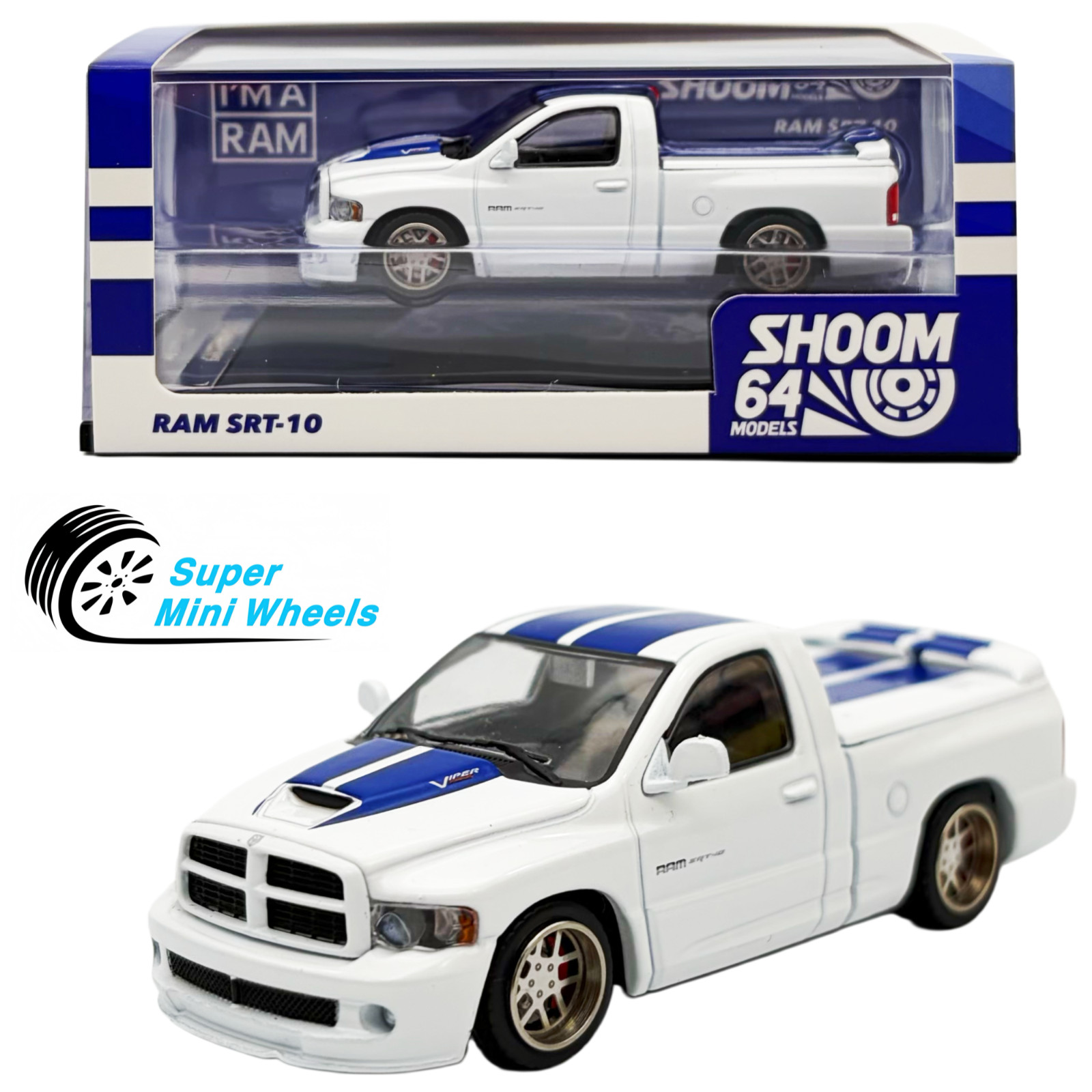 SHOOM64 1:64 2003 Dodge Ram SRT-10 Pickup – White with Blue Racing Stripes