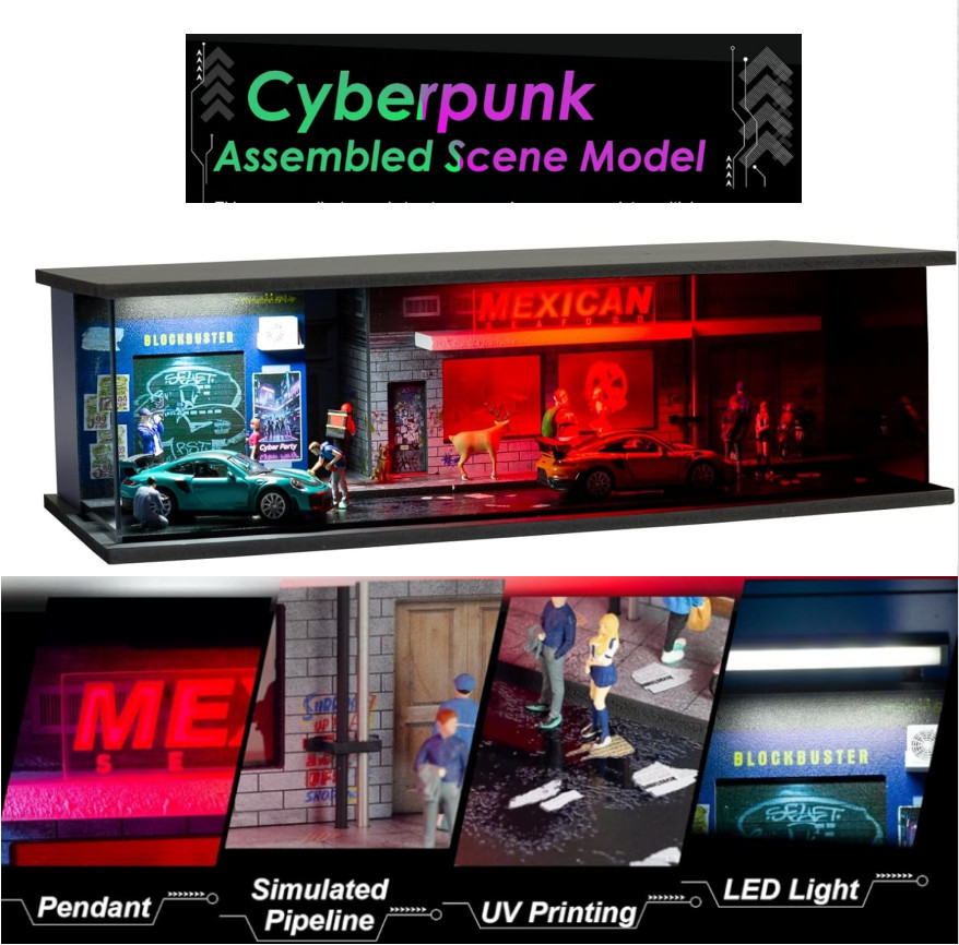 1/64 Diorama Car Garage Model LED Cyberpunk Parking Lot Collection Scene Gift US