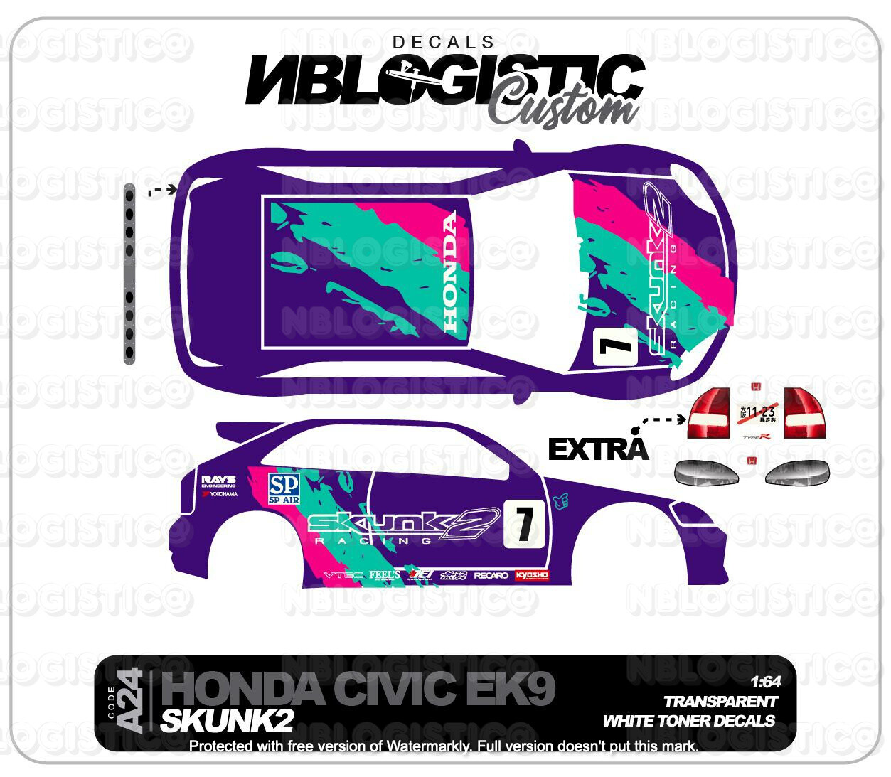 Hot Wheels HONDA EK9 RACING V6 Custom Universal WaterSlide Decal 1/64 Scale 015