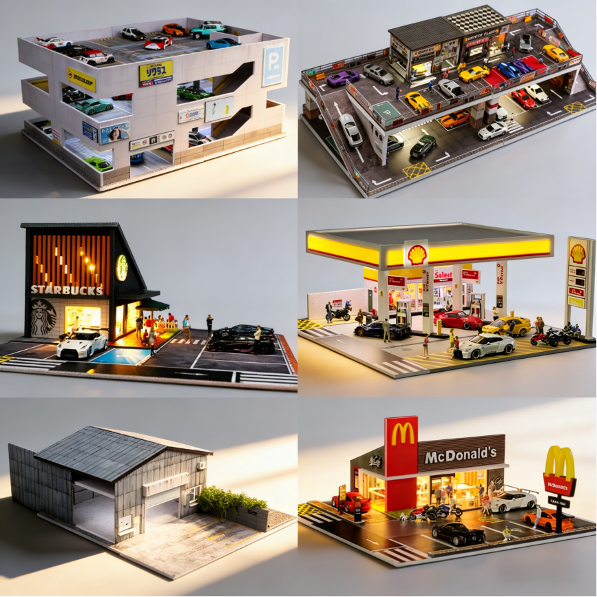1/64 Diorama Diecast Car Garage Model LED Street Parking Lot Scene Buildings US