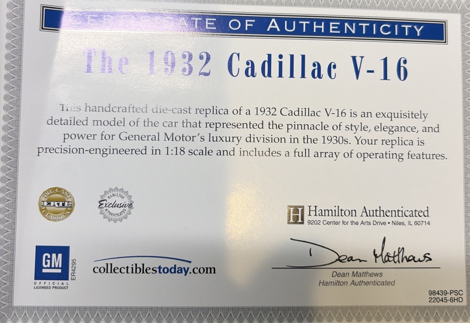 1932 Cadillac v-16 1:18 Scale Diecast Car Ertl Hamilton New In Box W Cert. Rare