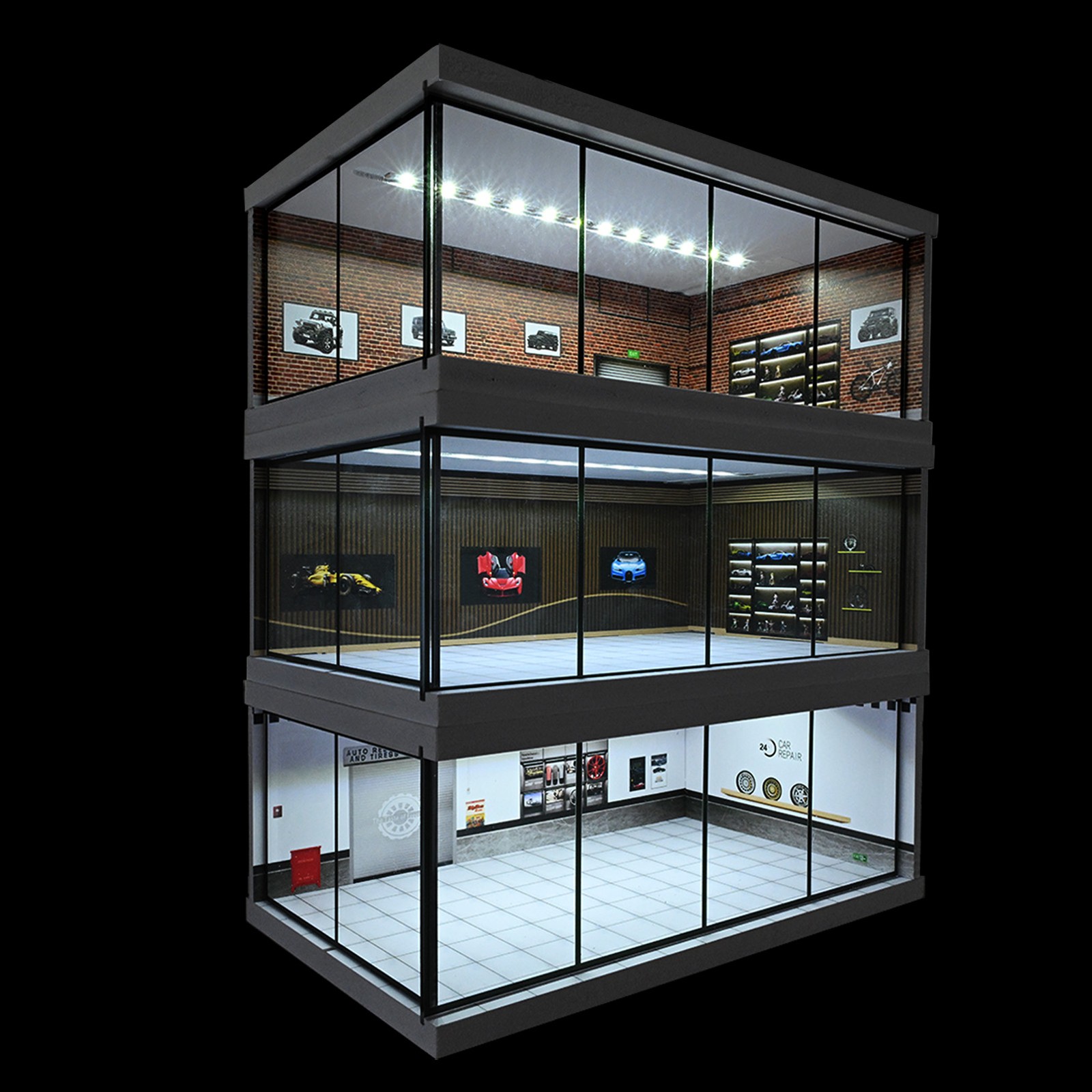 Diorama 1/64 Car Showroom Model LED Lighting Car Garage Backdrop Scene Model Toy