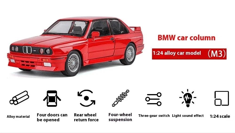 1:24 BMW M3 E30 Diecast Car Alloy Model – Sound & Light Classic Vehicle Toy Gift