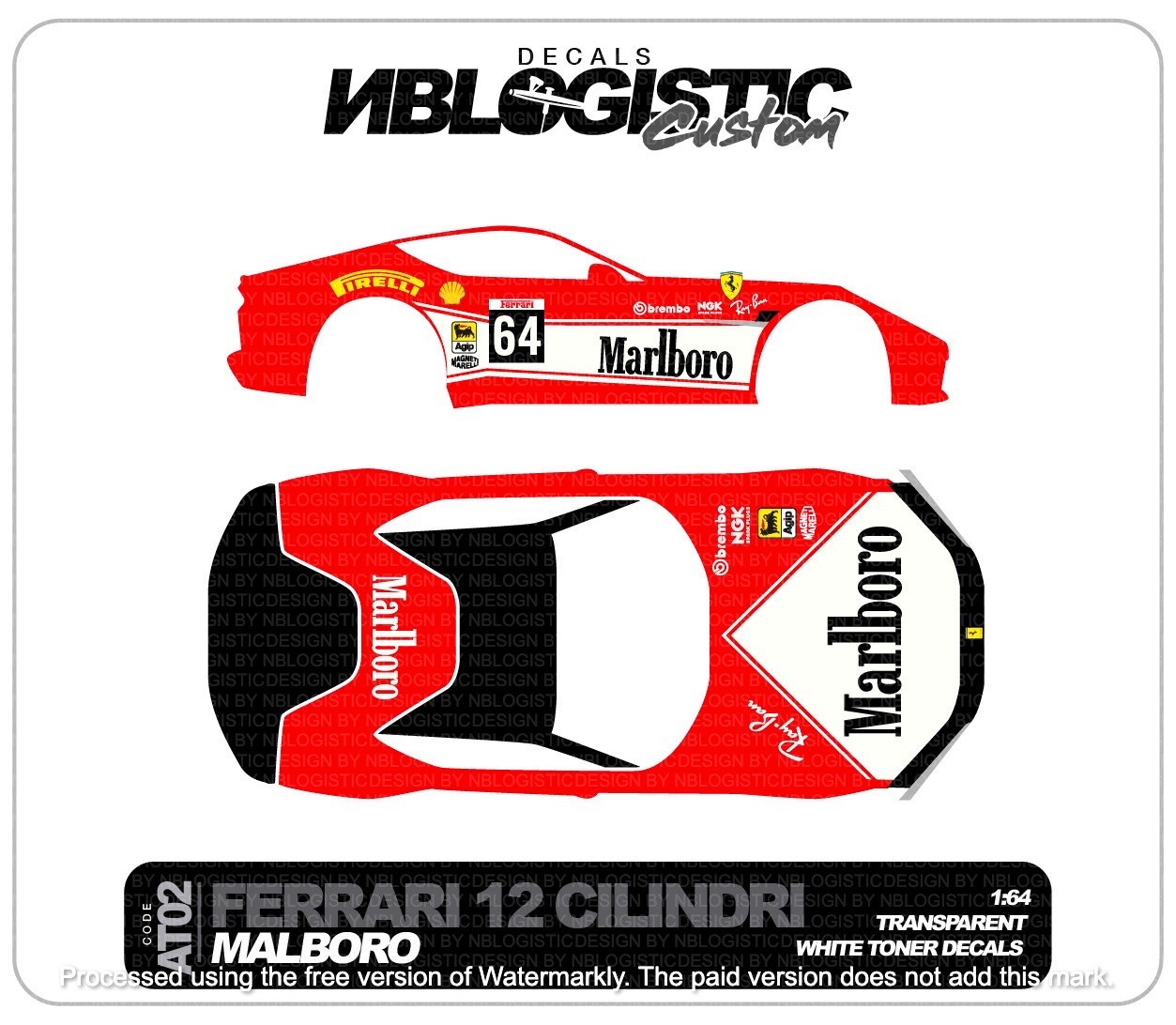 FERRARI 12CILINDRI Custom WaterSlide Decal for hot wheels 1/64 a1