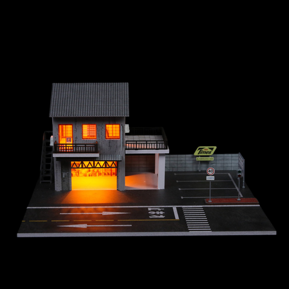 1/64 Diorama Diecast Garage Model LED Lights Display Parking Lot Building Scene