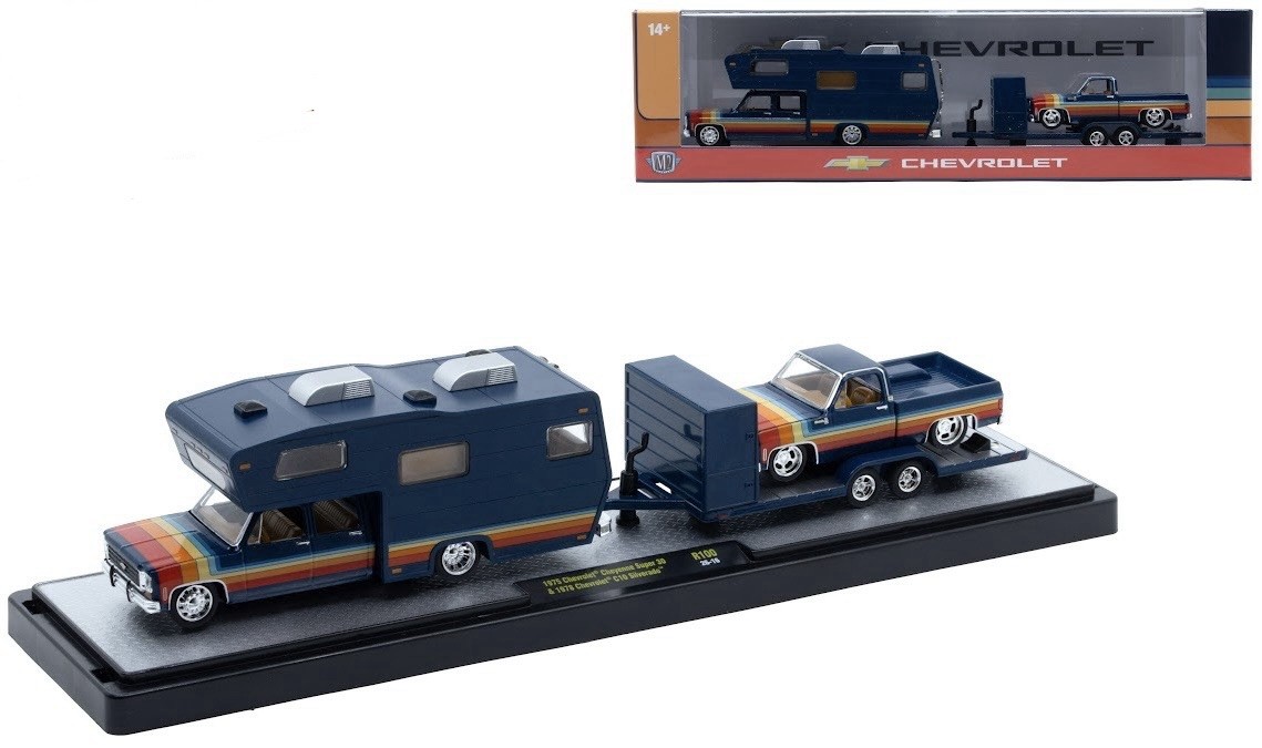 M2 MACHINES ‘75 CHEVY CHEYENNE SUPER 30 CAMPER & CHEVY C10 SILVERADO HAULER