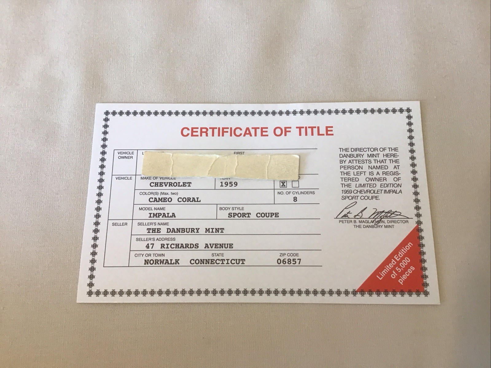Danbury Mint 1959 Chevrolet Impala Sport Coupe L.E. Title Paperwork Only 1:24