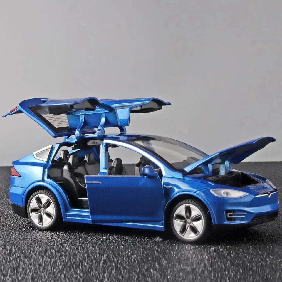 1:32 Tesla Model X Diecast Car Zinc Alloy Metal Toy Pull Back Sound Light Blue