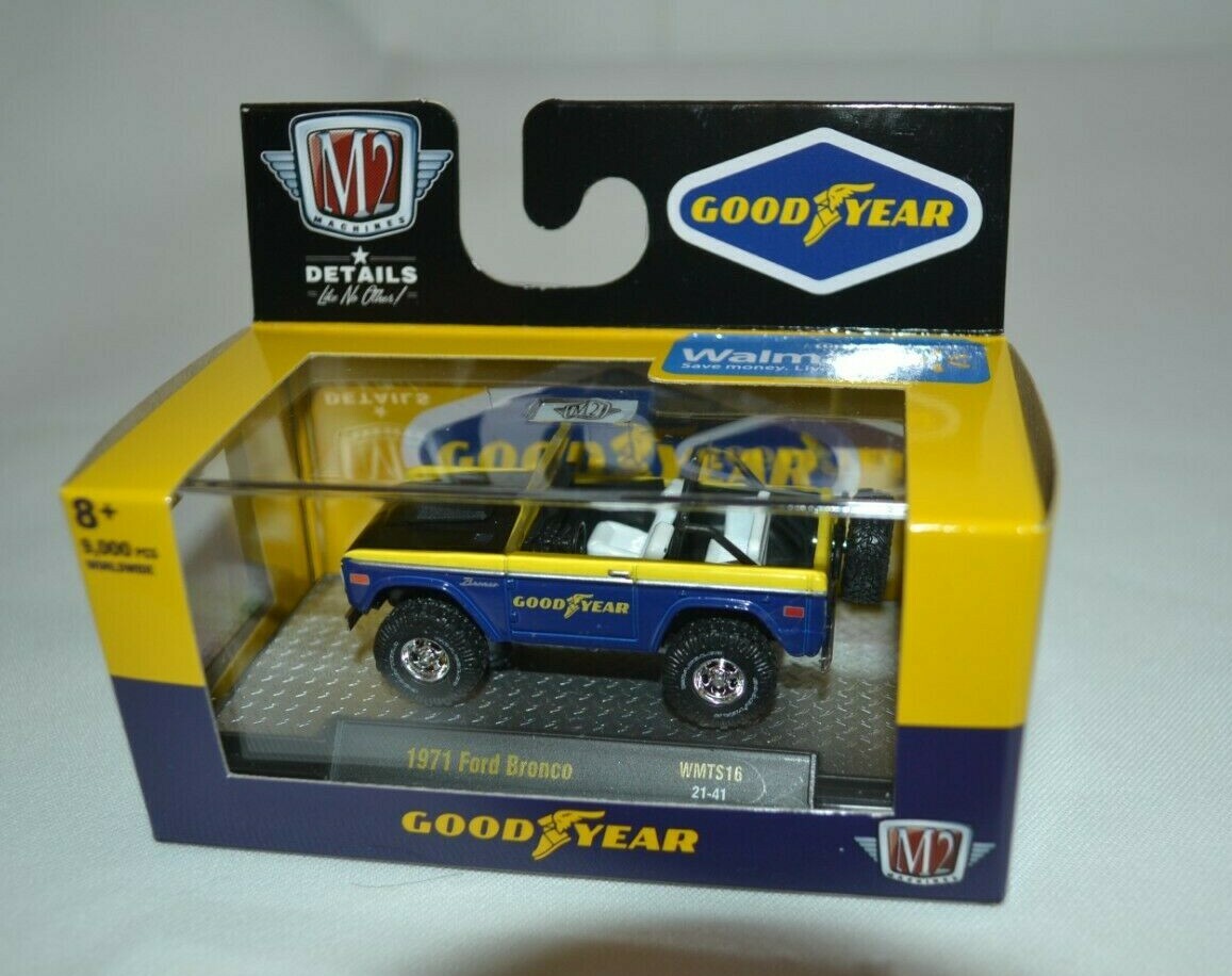 M2 MACHINES 2021 GOODYEAR – 1971 FORD BRONCO BLUE AND YELLOW WMTS16