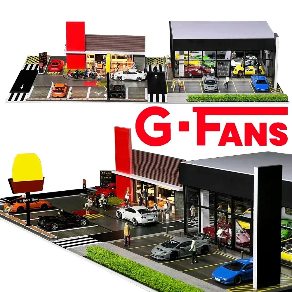 1/64 Diorama Car Garage Model LED Lighting City Street Gas Station Scene Models