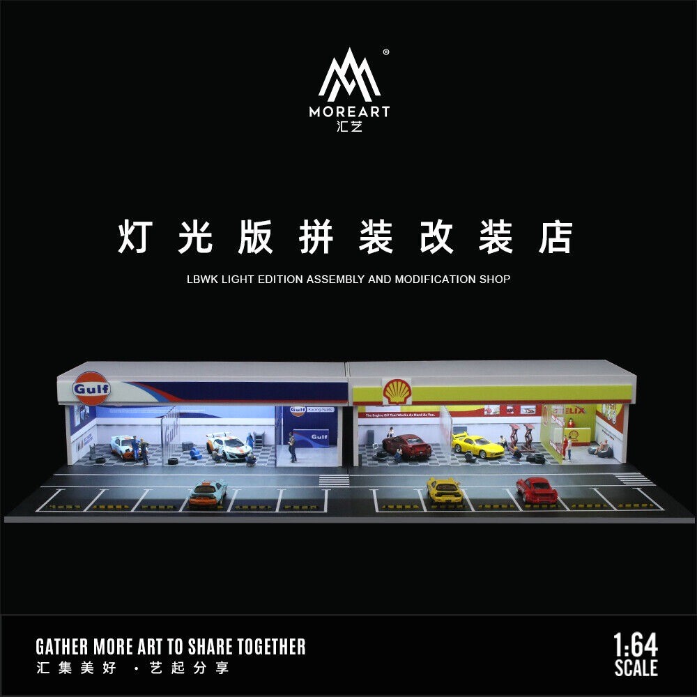 1/64 Diorama Garage Model LED Light Gas Station Parking Lot Scene Display Model