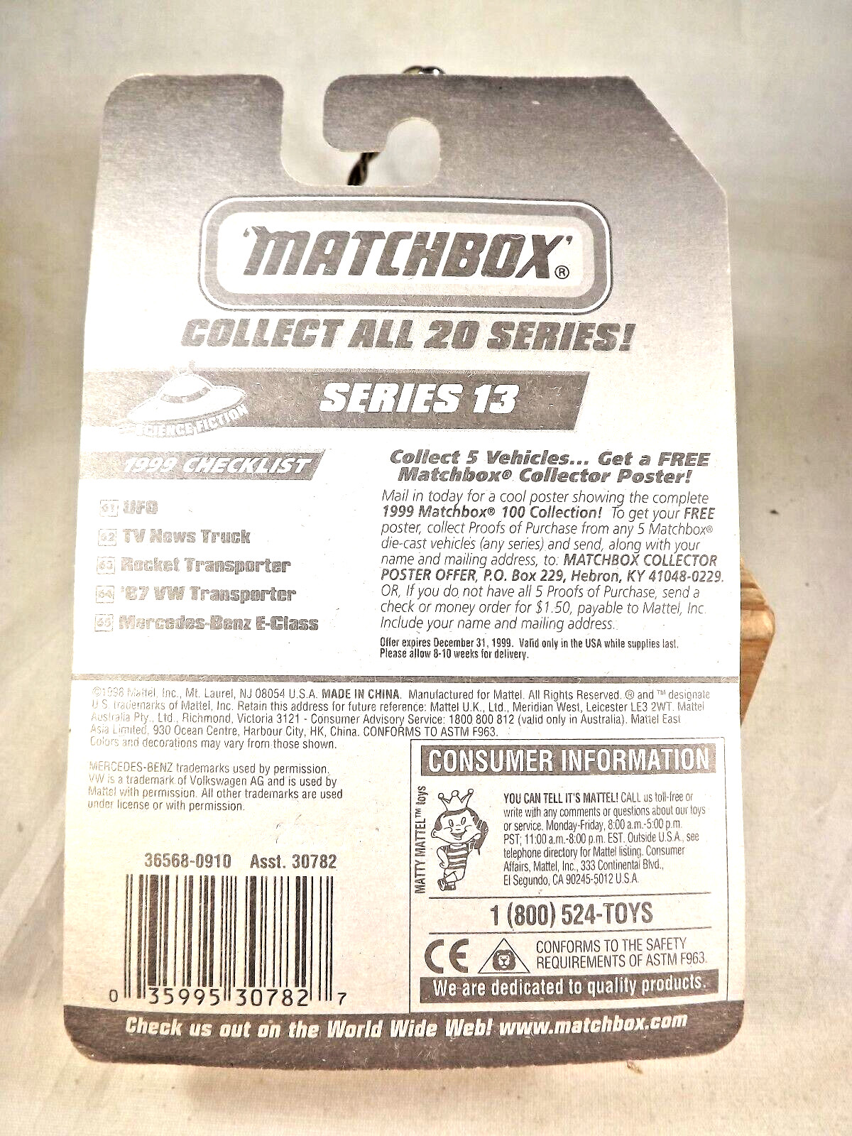 1999 Matchbox #64 Science Fiction Series 13 ’67 VW TRANSPORTER White-Red w/5 Sp