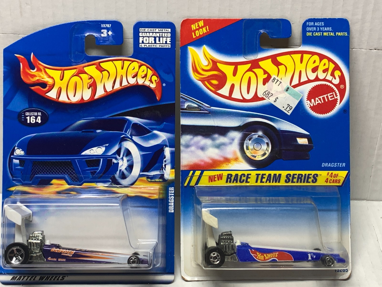 HOT WHEELS DRAGSTER X2. 1995 RACE TEAM BLUE #278 & 2001 PURPLE #164 ON CARD