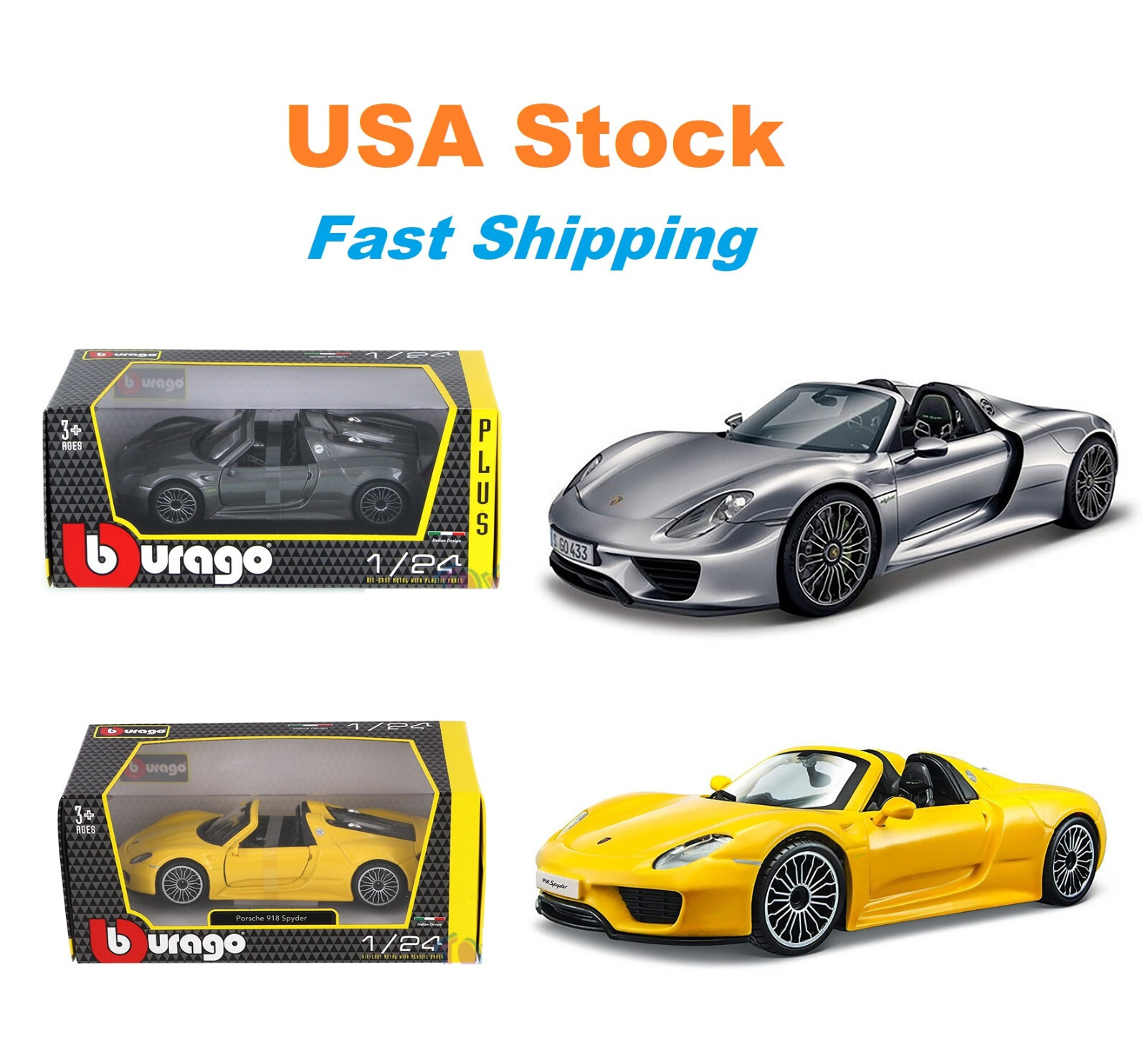 Porsche 918 Spyder Hard Top BBurago Metal 1:24, 7.25″L”, Grey/Yellow