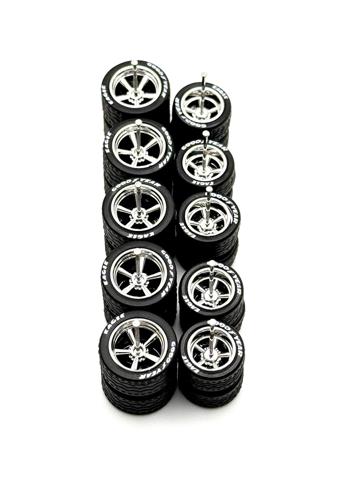 5x Chrome Cragar 13/15mm Wheels w/ Lettered Rubber Tires for 1/64 H0T Wheelz