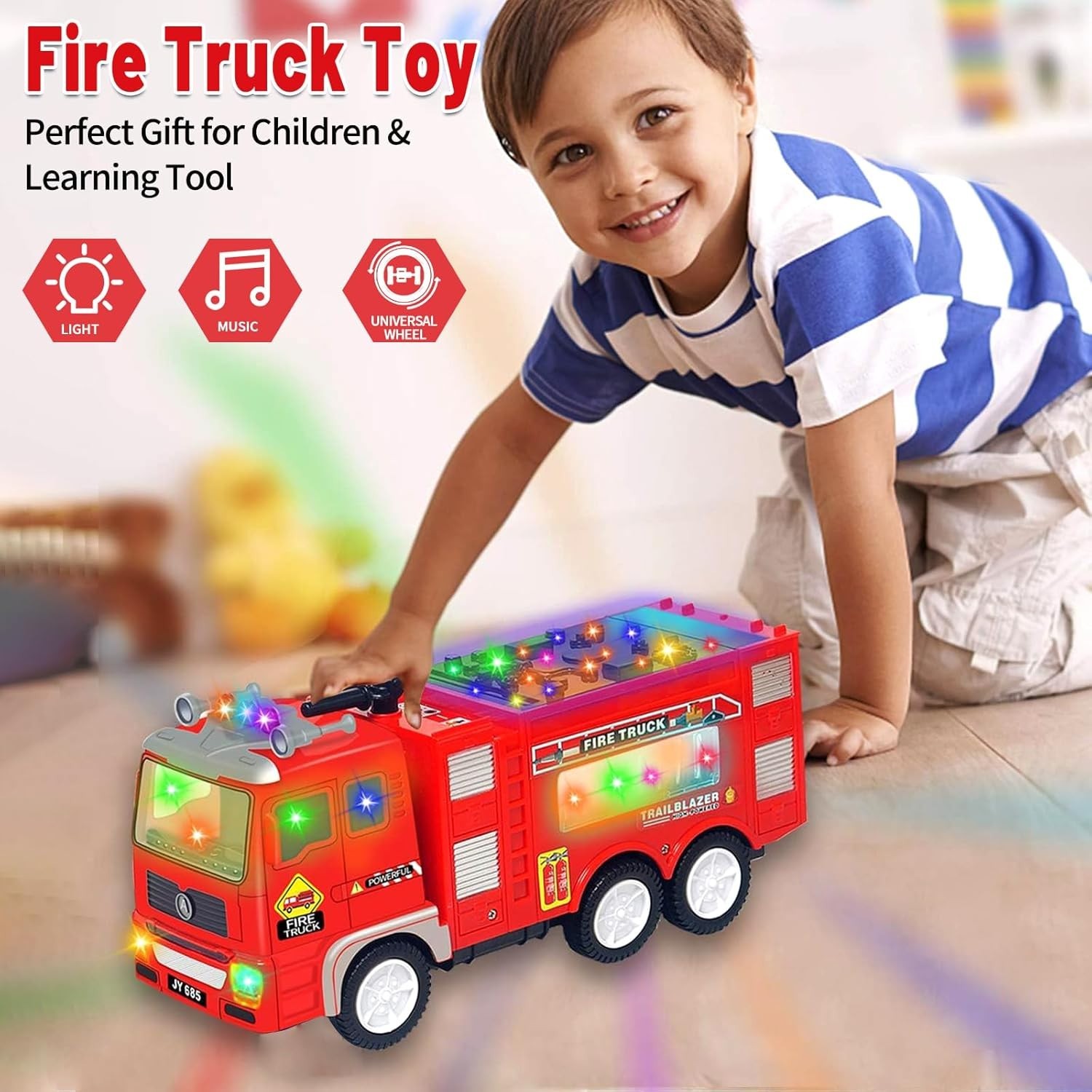 Large Fire Truck Toy for Toddlers 3-5 4D Lights & Siren | Bump & Go Action Gift