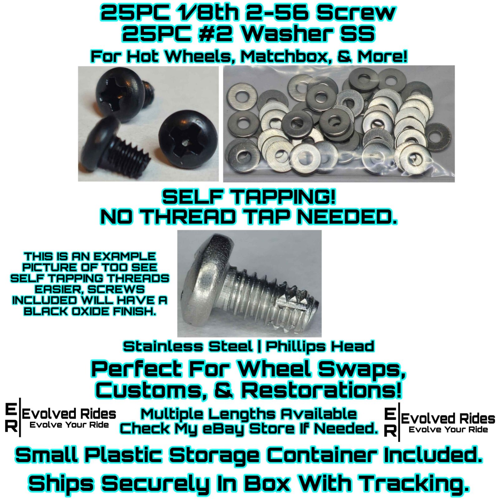 50pc Set Black 1/8th 2-56 Screw Self Tap Hot Wheels Matchbox Custom Restoration