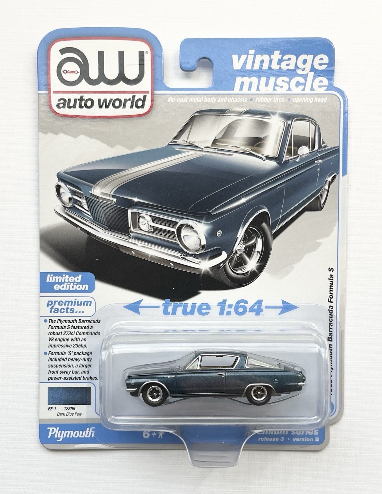 AUTO WORLD VINTAGE MUSCLE 1965 PLYMOUTH BARRACUDA FORMULA S DARK BLUE POLY