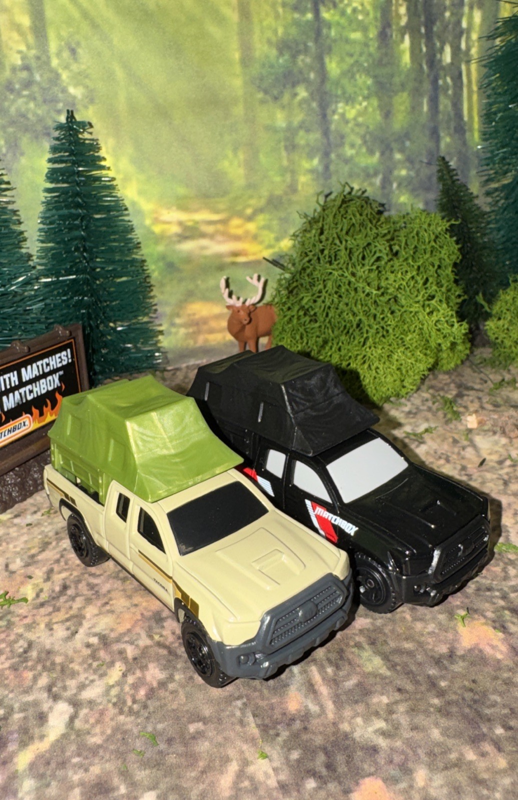 Lot Of 2 Toyota Tacoma Matchbox w/ Removable Camp Tent Black & Tan NLFFP 1:64 DC
