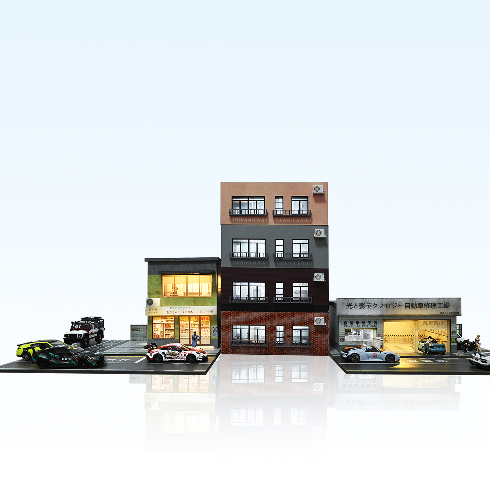 1/64 Diorama Car Garage Model LED Light City Street House Building Model Display