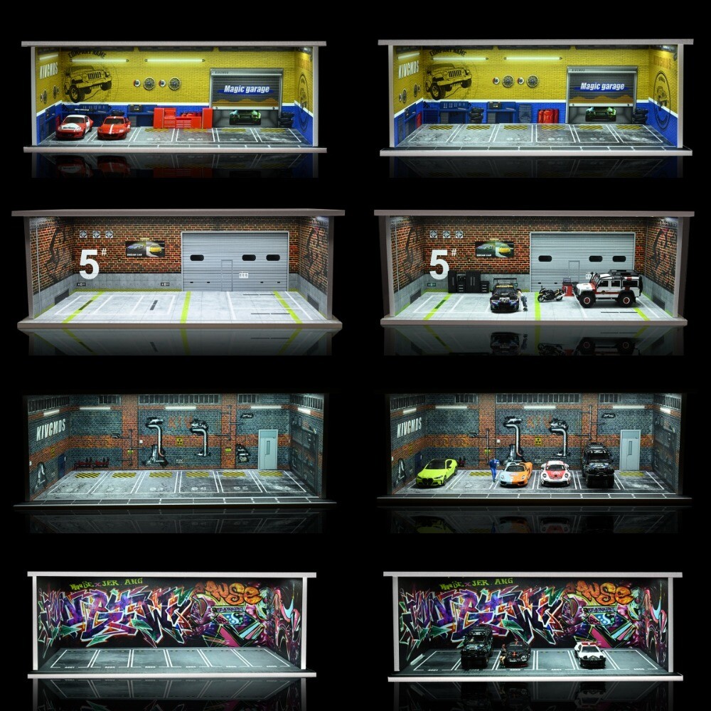 1/64 Diorama Car Garage LED Lighting Car Repair Workshop Scene Display Model Toy