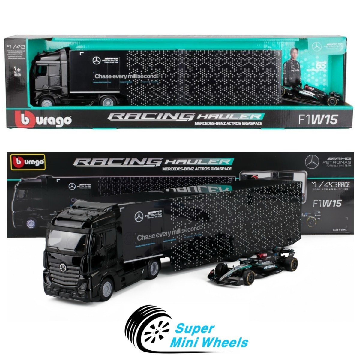 Bburago 1:43 Mercedes-Benz Actros Gigaspace & F1W15 #63 Russell – Racing Hauler