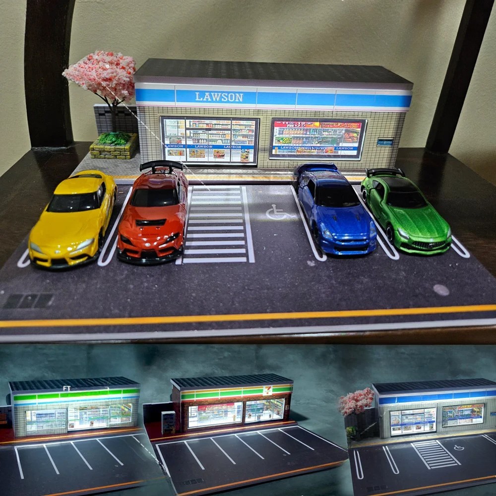 1/64 Diorama Diecast Car Garage Model LED City Street Convenience Scene Models
