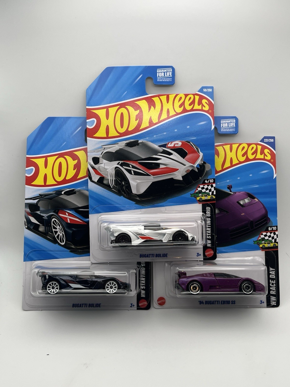 3 Car Hot Wheels Bugatti Lot – ‘94 EB110 SS Purple – Bolide White & Black