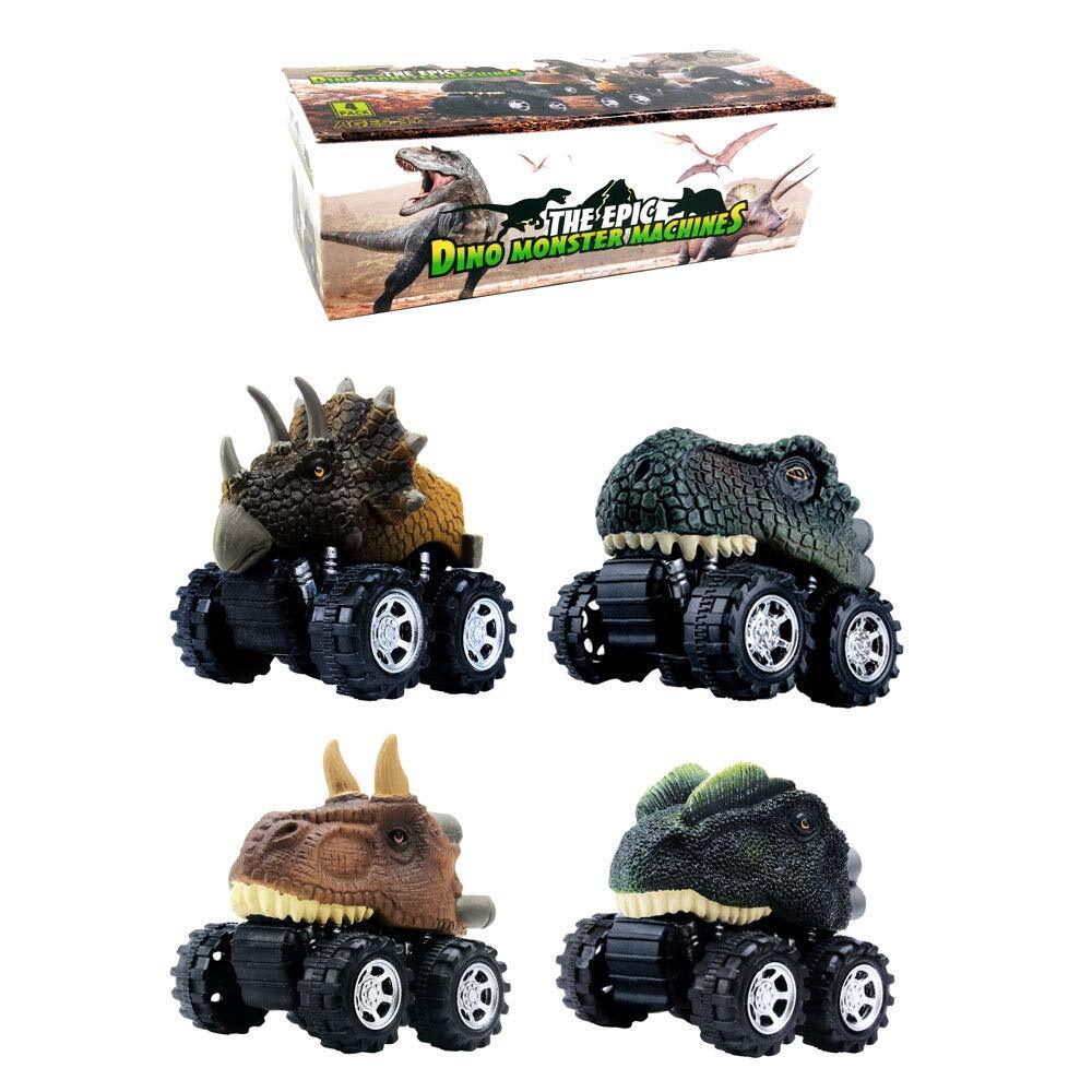 Pull Back Dinosaur Car Toys 4 Pack for 3-Year-Old Boys and Toddlers