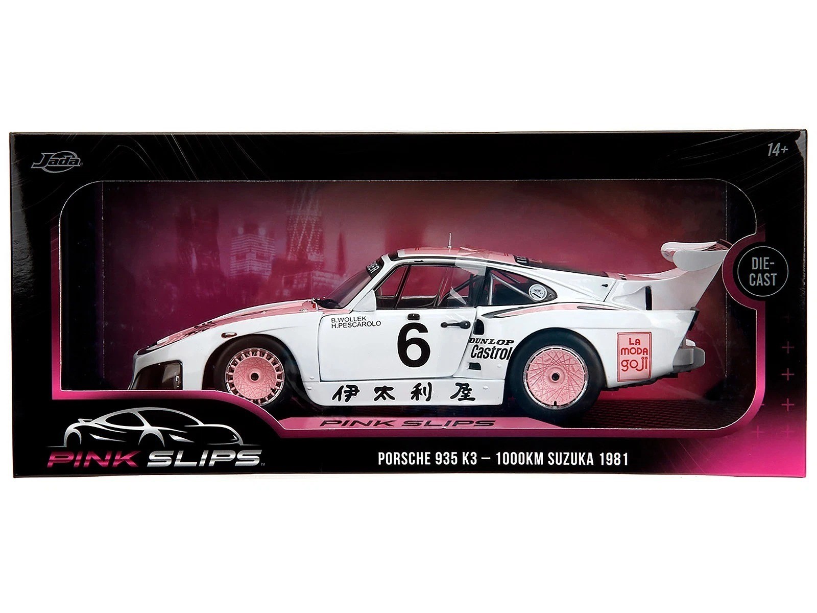 Jada 1:18 1981 Porsche 935 K3 – 1000KM Suzuka 1981 White/Pink Model Car 36386-7B