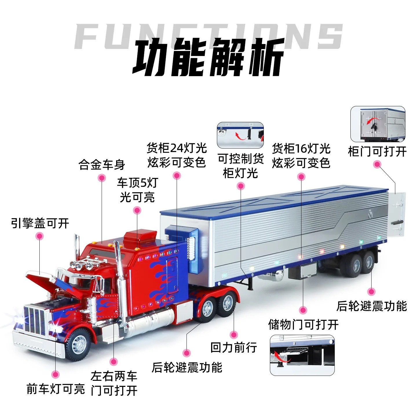 1:24 Diecast Vehicle for Peterbilt Heavy Truck 389 Model Truck Toy Sound Light