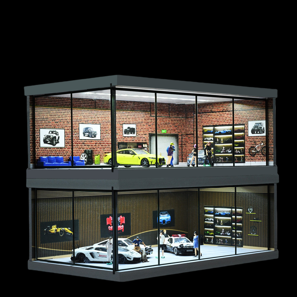 Diorama 1:43 Car Garage Model LED Lighting City Parking Lot Backdrop Scene Model