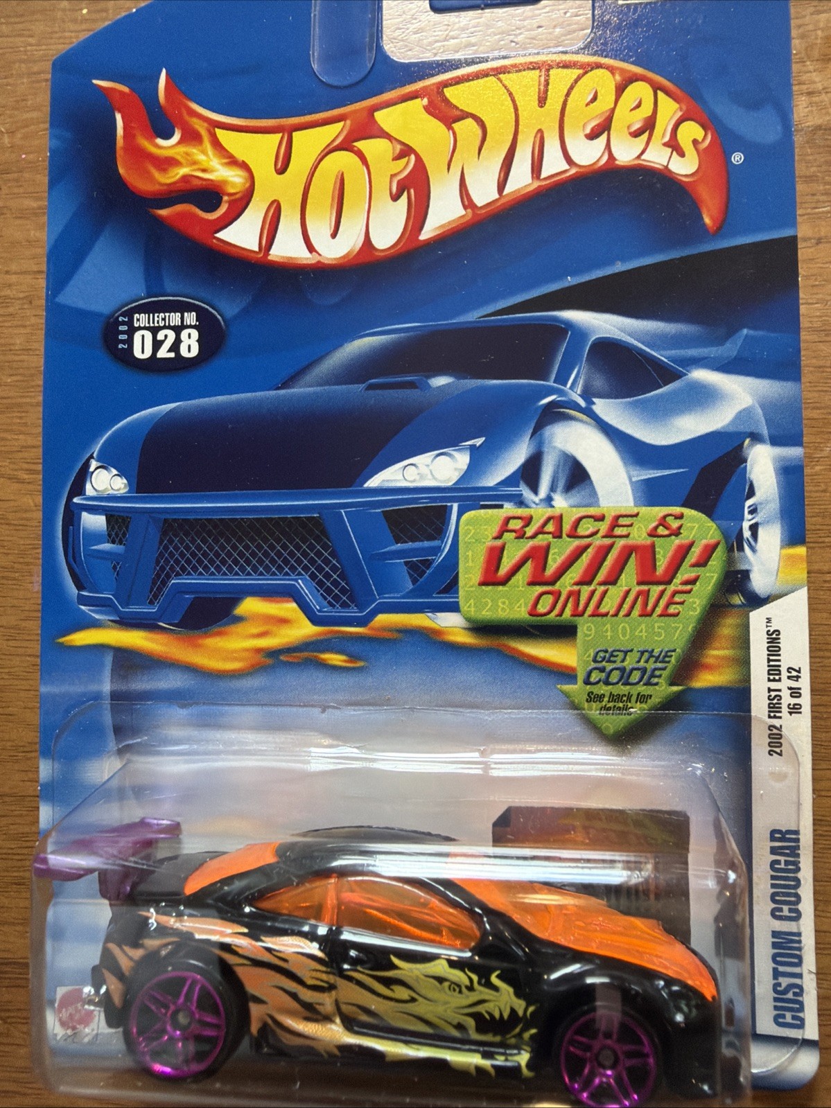 Hot Wheels 028 Custom Cougar 2002 First Editions 16/42 Race & Win Car Card MINT