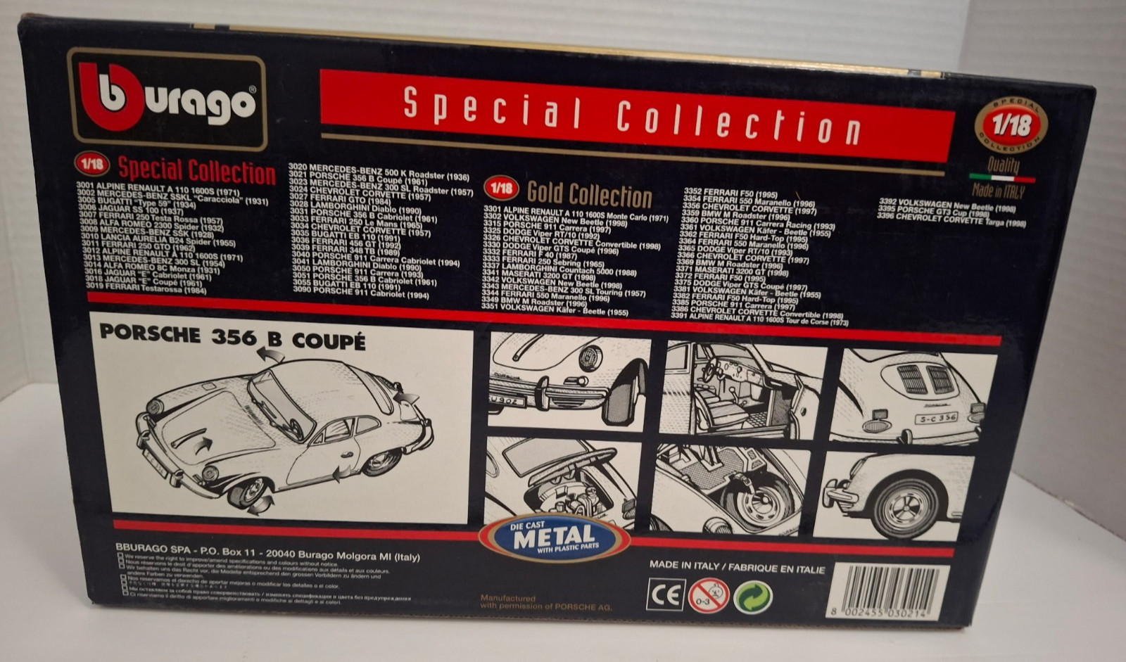 Bburago 1:18 Porsche 356 B Coupe 1961 Black Special Collection Diecast NIB