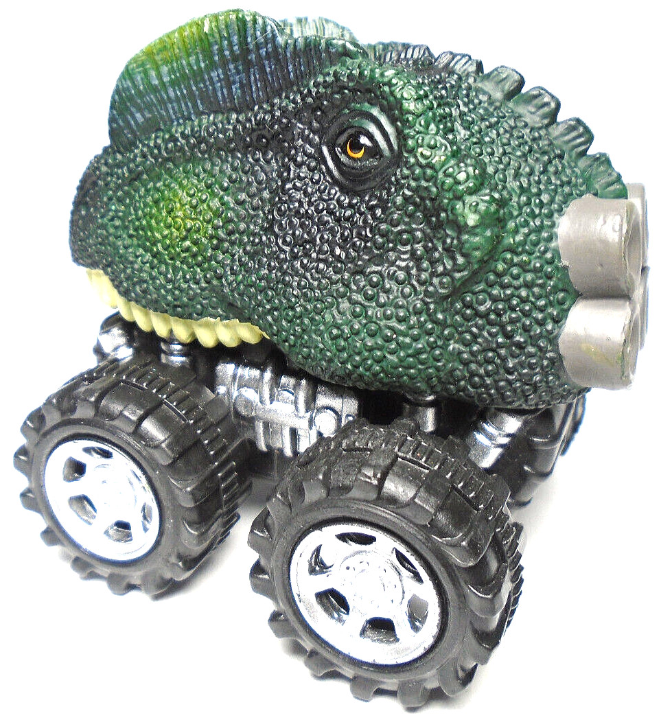 T-REX TYRANNOSAURUS REX DINOSAUR HEAD PUSH & GO GREEN 2 1/2″ PLASTIC TOY CAR