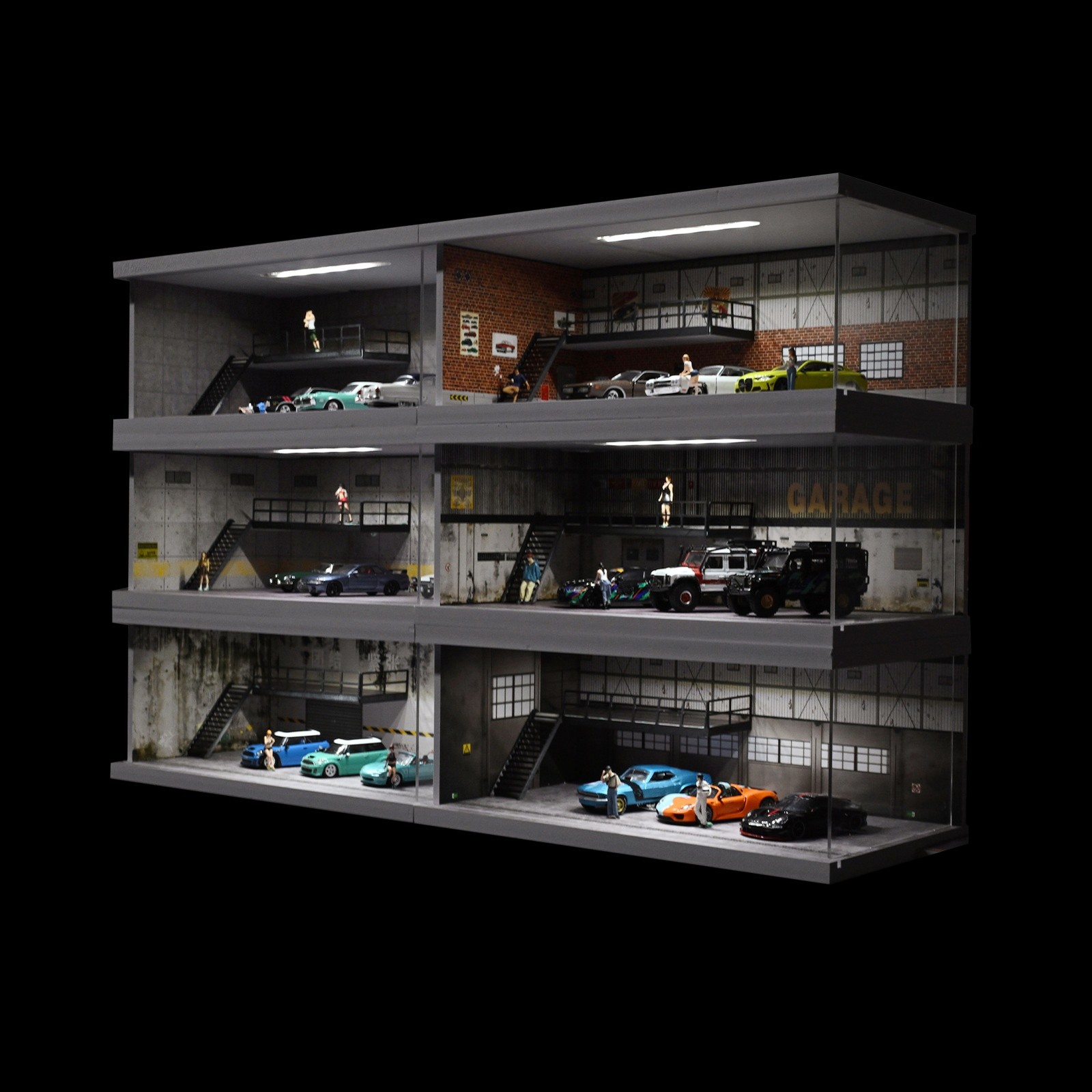 Diorama 1/64 Car Garage Model LED Lighting City Repair Parking Lot Scene Model