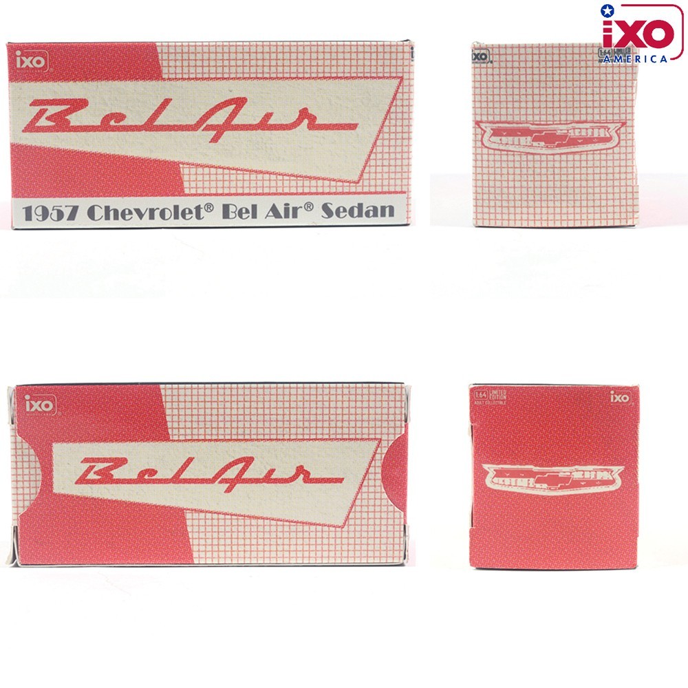 IXO AMERICA 1:64 1957 CHEVROLET BEL AIR SEDAN – MATADOR RED & IVORY – AI64008